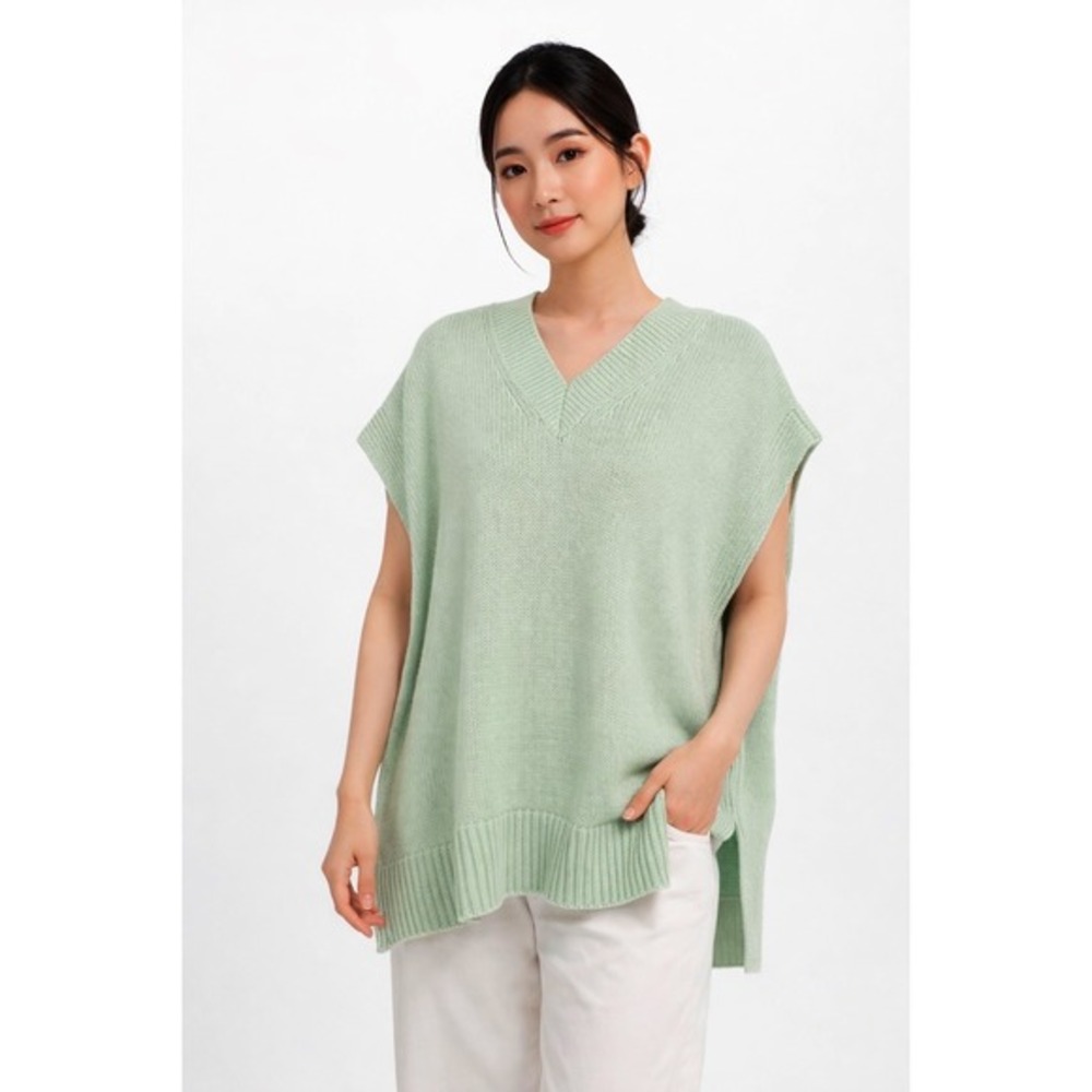Loft Mint Green V-Neck Shaker Knit Sweater‎ Vest L Fairycore Preppy Chic 91-49